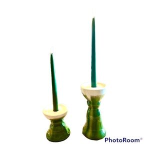 Pair of Vintage Pottery Glazed Green & White Candle Holders